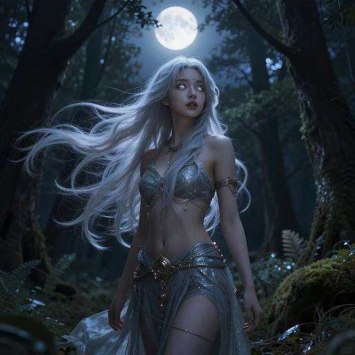 Mystical Girl with Flowing Silver Hair in Moonlit Forest