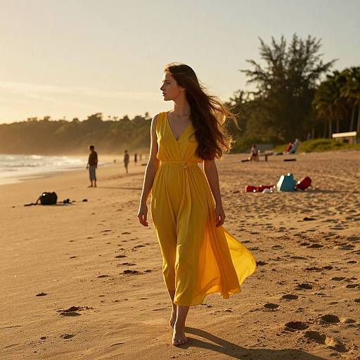 Photograph of a woman with long brown hair in a flowing yellow dress walking on a sunlit, sandy beach at sunset, with people and palm trees