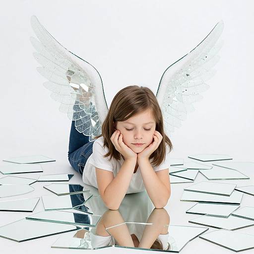 Photograph of a young girl with brown hair, white wings, and denim shorts, lying on a reflective glass surface, hands resting on her cheeks,