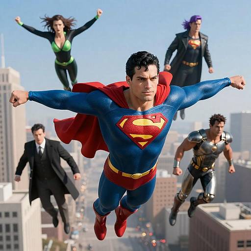 Superheroes Soar Above the Cityscape