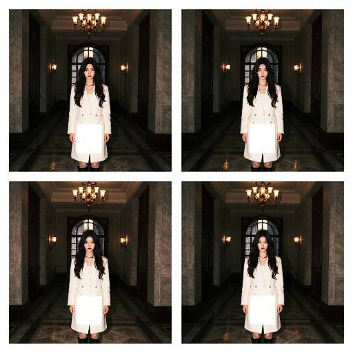 Photograph collage of a pale-skinned woman with long black hair in a white coat, standing in a dark, elegant hallway with chandeliers.
