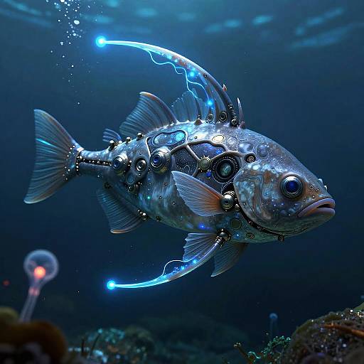 Photograph of a bioluminescent fish with glowing blue patterns, metallic scales, and electric-like trails in a deep blue underwater scene.