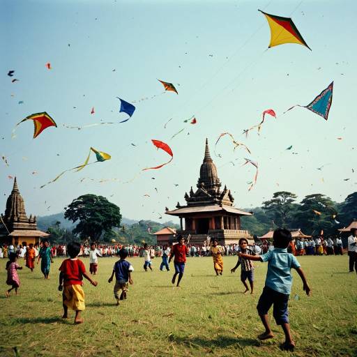 Children Flying Kites Near Temple Festival