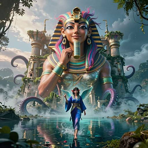 Digital artwork of a muscular, fair-skinned, Egyptian goddess with pink and blue hair, wearing a striped headdress, jewelry, and wings, leading