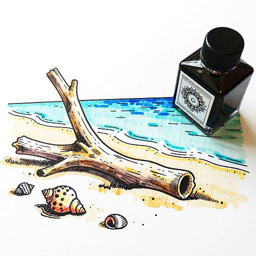 Colorful digital drawing of a black ink bottle beside a driftwood, seashells, and sandy beach with blue water.