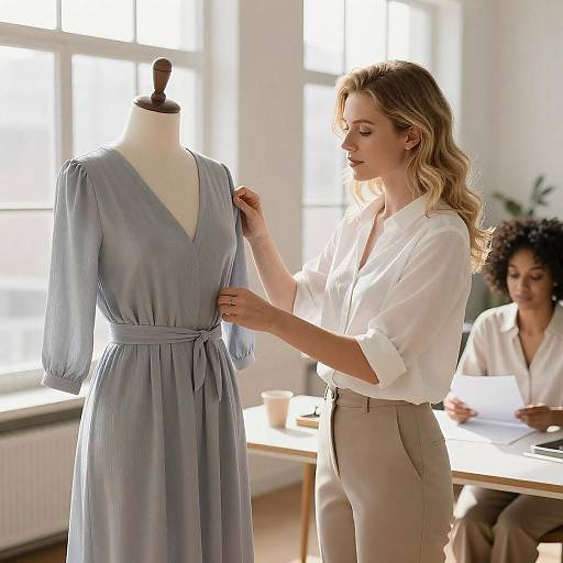 Blonde Stylist Adjusting Dress on Mannequin