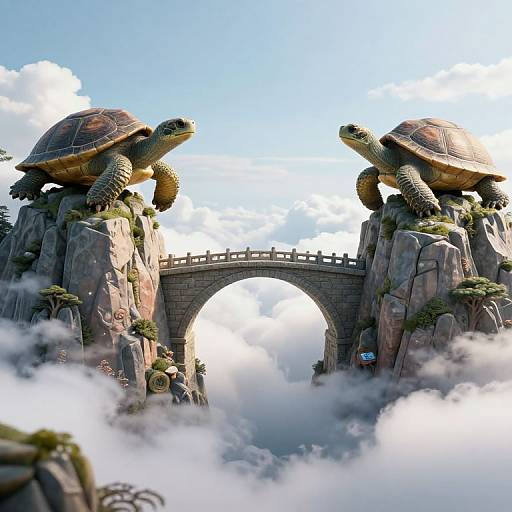 Digital artwork of two giant turtles perched on rocky cliffs with a stone arch bridge in the center, surrounded by clouds and blue sky.