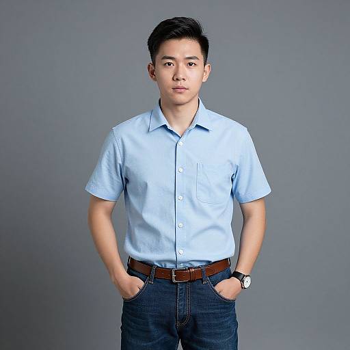Photograph of an Asian man with short black hair, light blue short-sleeve button-up shirt, dark blue jeans, brown belt, hands in
