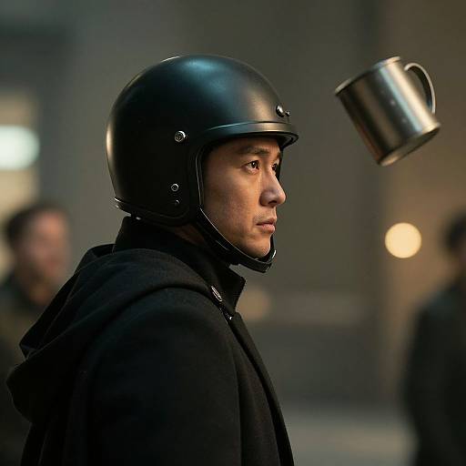 Photograph of a serious man in a black leather helmet and coat, with a floating metal mug in an urban, blurry background.