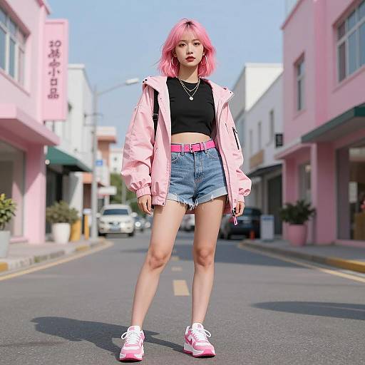 Young Woman with Pink Hair in Urban Streetwear
