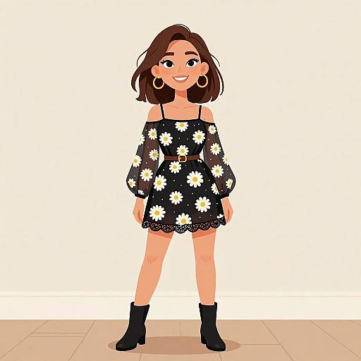 Cartoon-style illustration of a smiling woman with brown hair, wearing a black off-shoulder dress with white daisy patterns, black ankle boots,