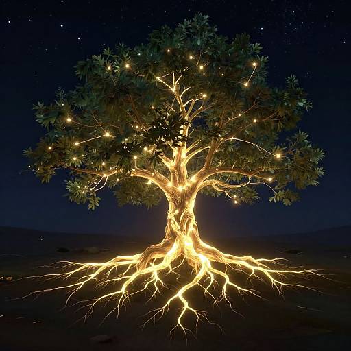 Digital art of a glowing, luminous tree with bright, golden roots and branches, illuminated by small, twinkling lights against a dark, starry