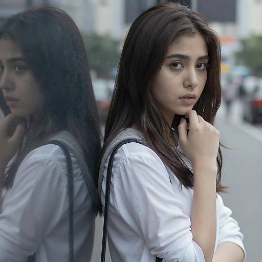 Photograph of a young Asian woman with long black hair, wearing a white shirt, standing against a reflective glass window, looking pensively at the camera