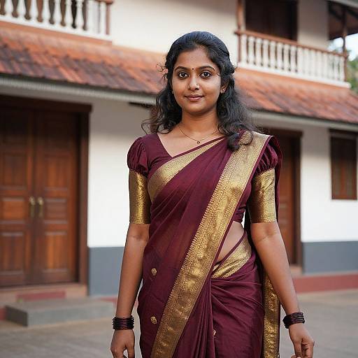 Photograph of a young Indian woman with dark skin, black wavy hair, wearing a maroon and gold saree with gold arm bands, standing