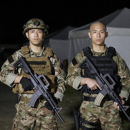 Nighttime Portrait of Two Serious Soldiers