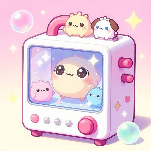 Adorable pastel-colored digital illustration of a cute, chubby chibi creature in a toy TV with three fluffy, smiling characters on top. Pink,