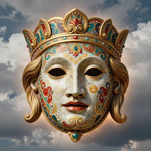 Digital painting of an ornate, golden crown-adorned masquerade mask with intricate red, blue, and gold patterns, set against a dramatic