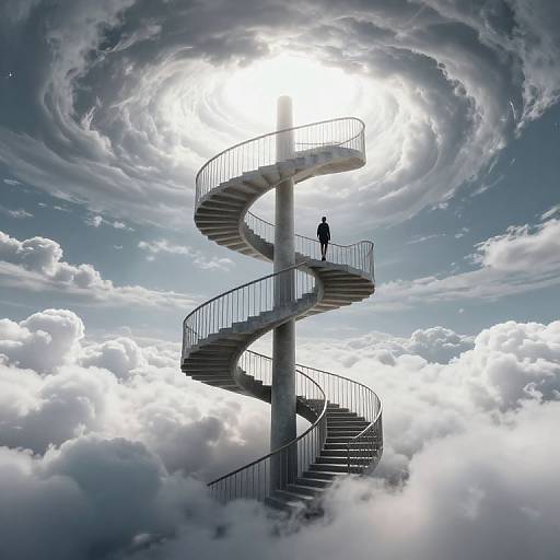 Photograph-style digital art: Silhouetted person stands on spiral staircase in sky, surrounded by fluffy clouds, with bright sun behind. Dramatic