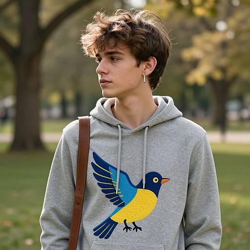 Photograph of a young man with tousled brown hair, wearing a gray hoodie with a colorful bird design, brown strap, and gold earrings, standing