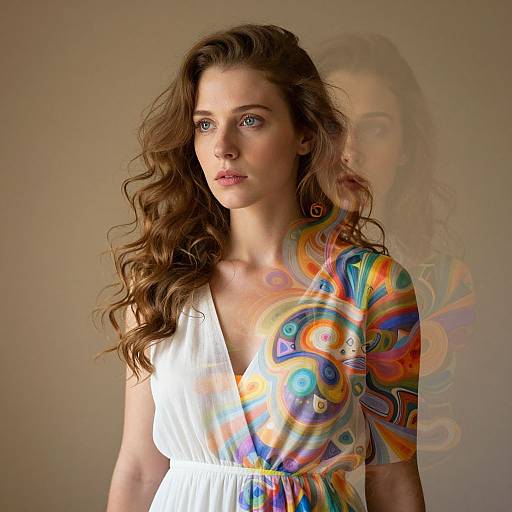 Photograph of a fair-skinned woman with long, wavy brown hair, wearing a white V-neck dress with colorful, abstract swirl patterns, against