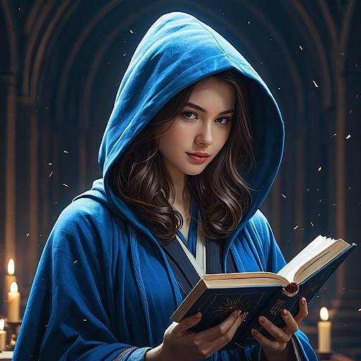Female Wizard in Blue Hood Reading Book