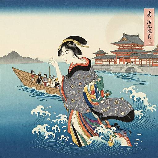 Ukiyo-e Underwater Woman and Temple
