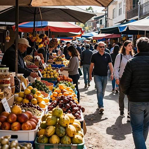Photograph of a bustling outdoor market with colorful fruits, various shoppers, vendor under canopy, sunlit street, red and blue umbrellas.