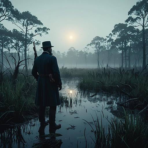 Victorian Detective in Foggy Swamp at Dawn