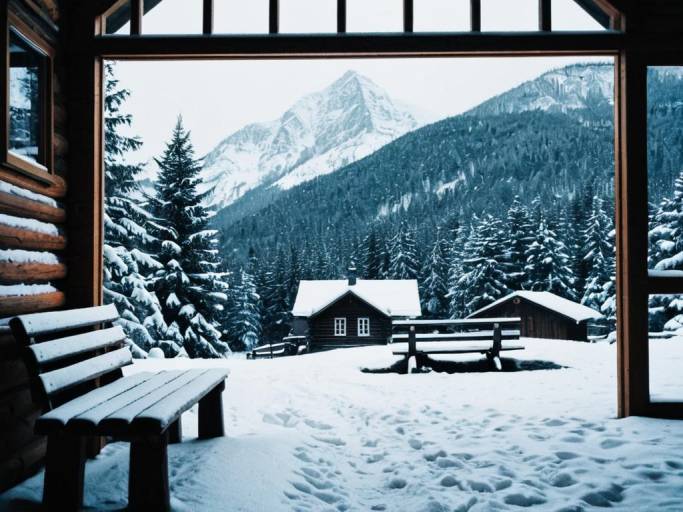 Cozy Cabin in Snowy Mountain Landscape