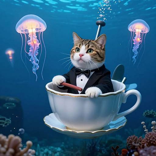 Cat in Tuxedo Piloting Teacup Submarine Underwater