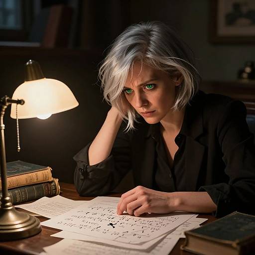 Photograph of a silver-haired woman with green eyes, wearing a black blouse, intensely writing in a dimly lit study with a glowing lamp and old