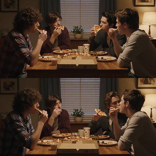 Photograph of four young men with curly and dark hair, wearing casual shirts, eating pizza at a wooden table in a warmly lit room, each taking