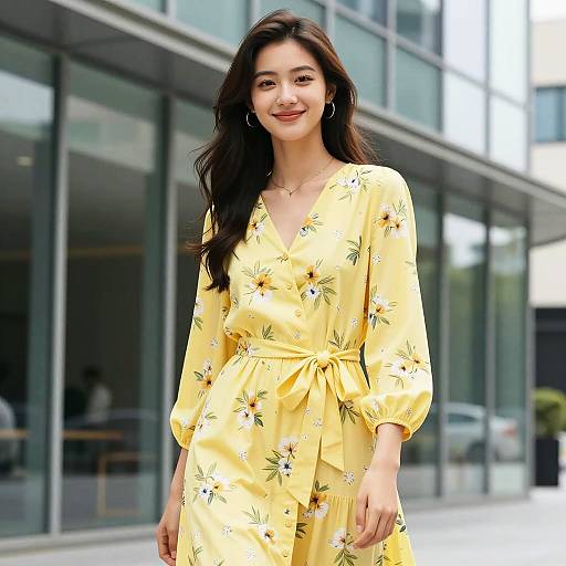 Woman in Yellow Floral Dress by Modern Building