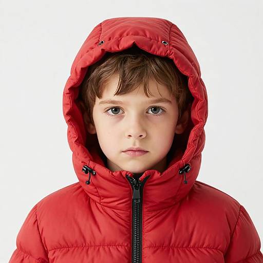 Serious Boy in Red Puffy Jacket