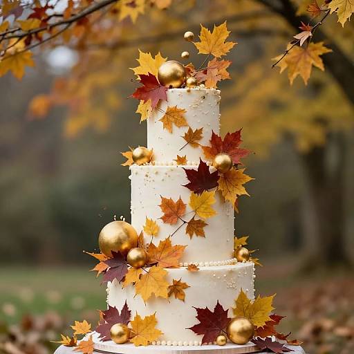 Autumn-themed photo of a white, three-tiered wedding cake adorned with red, orange, and yellow maple leaves and golden balls, set outdoors among