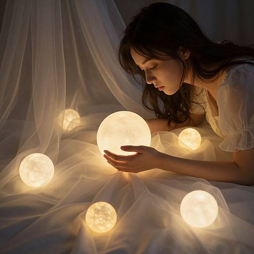 Photograph of a young woman with long dark hair, softly lit by glowing white orbs on a sheer, white draped background.