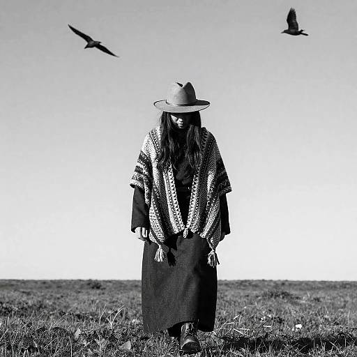 Lone Wanderer in Grassy Field