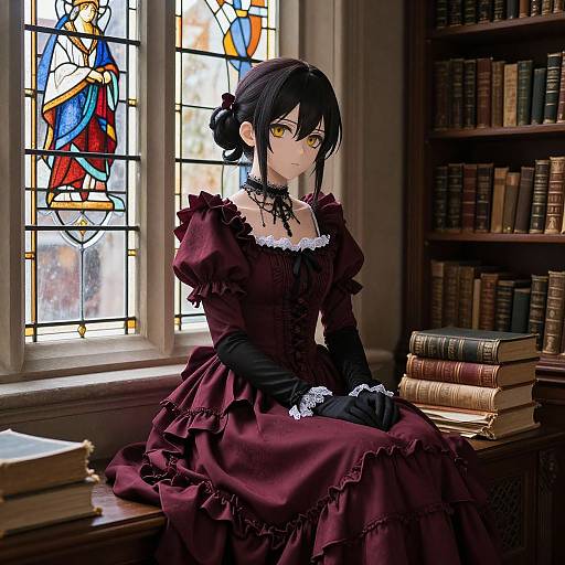 Anime-style drawing of a gothic woman with black hair and yellow eyes, wearing a maroon Victorian dress with black gloves, sitting in a library with