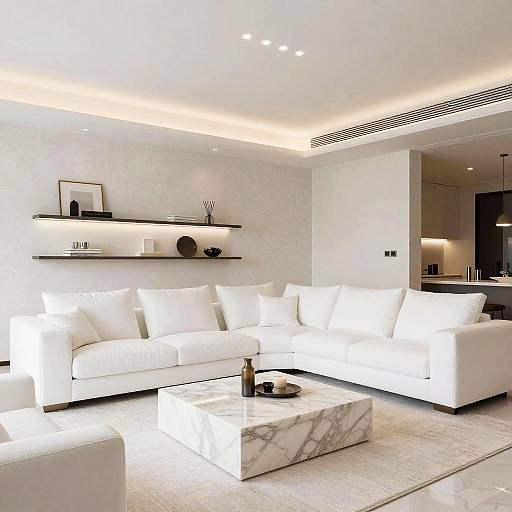 Modern, minimalist living room photograph featuring white sofas, marble coffee table, recessed ceiling lighting, floating shelves with decor, and a sleek, white carpet