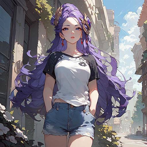 Digital anime-style drawing of a purple-haired woman with long, wavy hair, wearing a white and black raglan shirt, blue denim shorts, standing