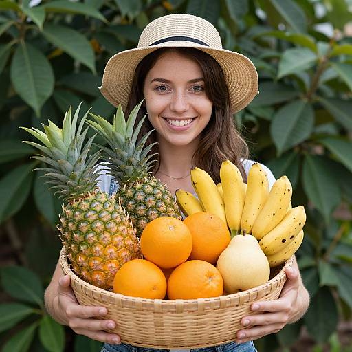 Photograph of a smiling woman in a straw hat holding a wicker basket filled with pineapples, oranges, and bananas against a lush green leaf
