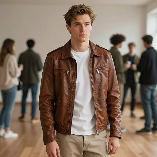 Young Man in Brown Leather Jacket Indoors