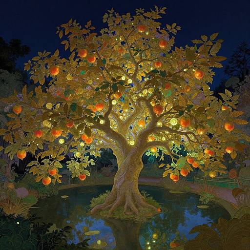 Digital artwork of a glowing, illuminated orange tree with lanterns, surrounded by a reflective pond, against a dark, night-time background.