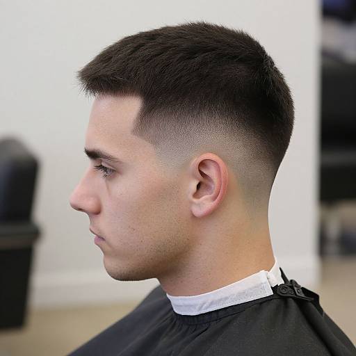 Photograph of a young man with short, dark, undercut hairstyle, side profile, wearing a black barber cape, white collar, in a modern salon