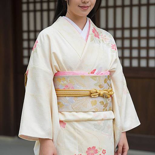 Photograph of an Asian woman in a cream-colored floral kimono with pink accents, yellow obi, standing in front of a traditional wooden lattice background