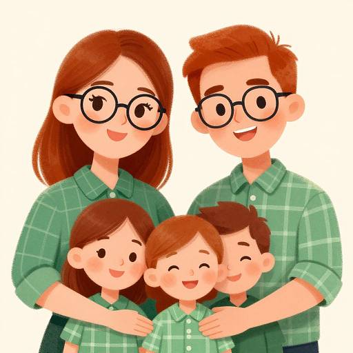 Digital illustration of a smiling family with brown hair, wearing green plaid shirts, featuring a mother, father, and two children.