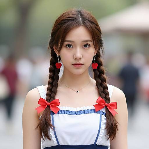 Photograph of an Asian teenage girl with long brown braids, red bows, wearing a white dress with blue trim, standing outdoors. Blurred background