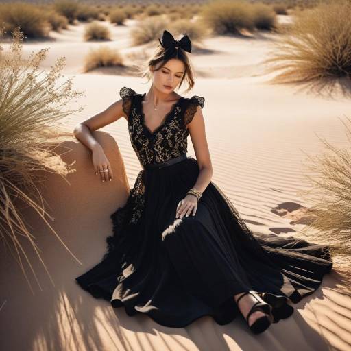 Woman in black dress sitting on desert sand