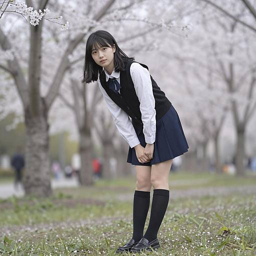 Asian Schoolgirl under Cherry Blossoms