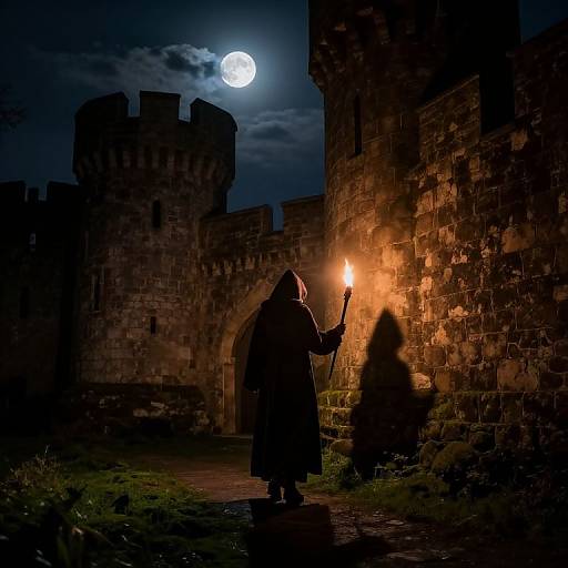 Photograph of a hooded figure with a torch illuminating a medieval stone castle at night, under a full moon. Silhouette of a second figure